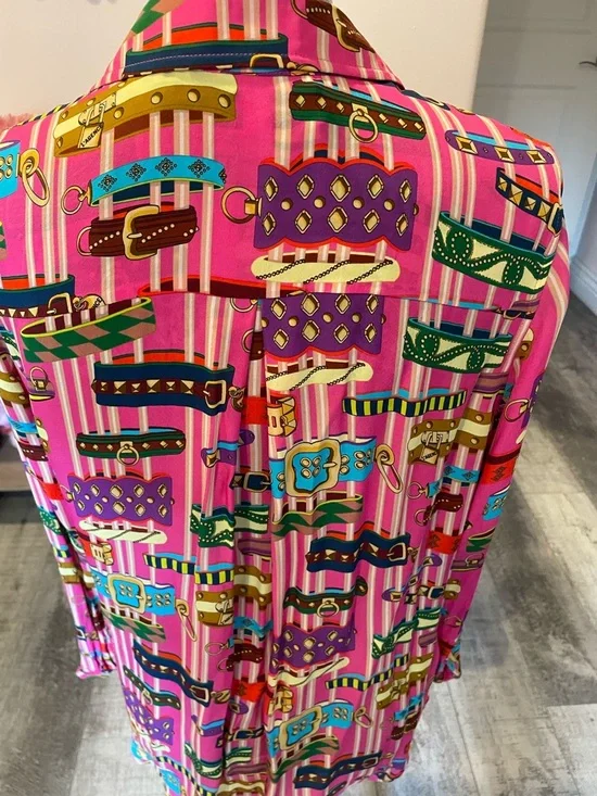 L'AGENCE Hot Pink Silk Belt-Print Blouse - Picture 5 of 7